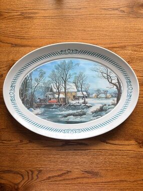 Vintage Brookpark 52 Currier & Ives Melamine Winter Scene Serving Platter- 21”